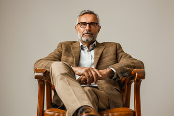 Confident middle-aged man with glasses sitting in an armchair, wearing a brown blazer and beige pants