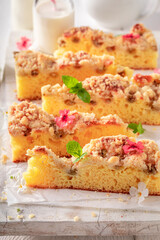 Sweet and tasty gooseberry butter cake as traditional dessert.