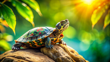 Obraz premium Adorable baby turtle enjoys a relaxing sunbathing session on a rock, wearing a miniature tropical shirt, against a vibrant green background in a serene atmosphere.