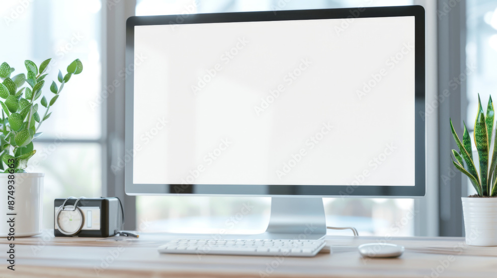 Aufkleber modern office desk with blank screen showcase mockup for website or software display
