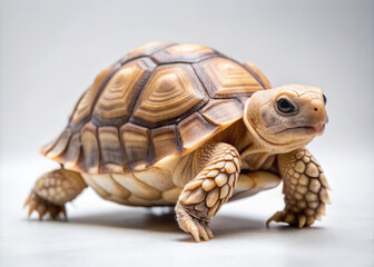Obraz premium Adorable young African Sulcata tortoise stands alone on a pristine white background, highlighted by studio lighting, showcasing its sweet features and gentle demeanor.