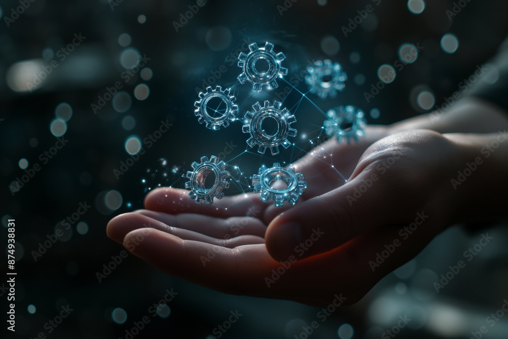 Aufkleber businessman's hand holds floating gear icon in his hand. 3d rendering on blurred background. industr