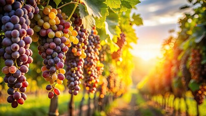 Ripe grapes hanging in a sun-drenched vineyard, vivid, clusters, ripe, grapes, vines, vibrant, sun-drenched, vineyard