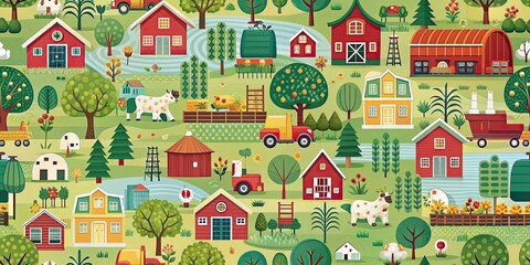 Seamless farming pattern in a village background, Agriculture, countryside, rural, fields, crops, farmland