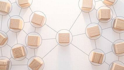 Wooden cubes in two groups are connected to each other and connected by one. Hierarchy,...