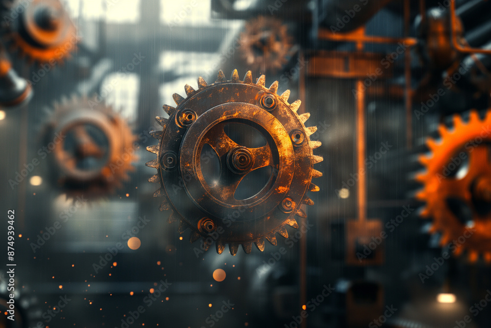 Aufkleber 3d rendering of metal gears rotating industrial factory floor. part of the internal structure of aut