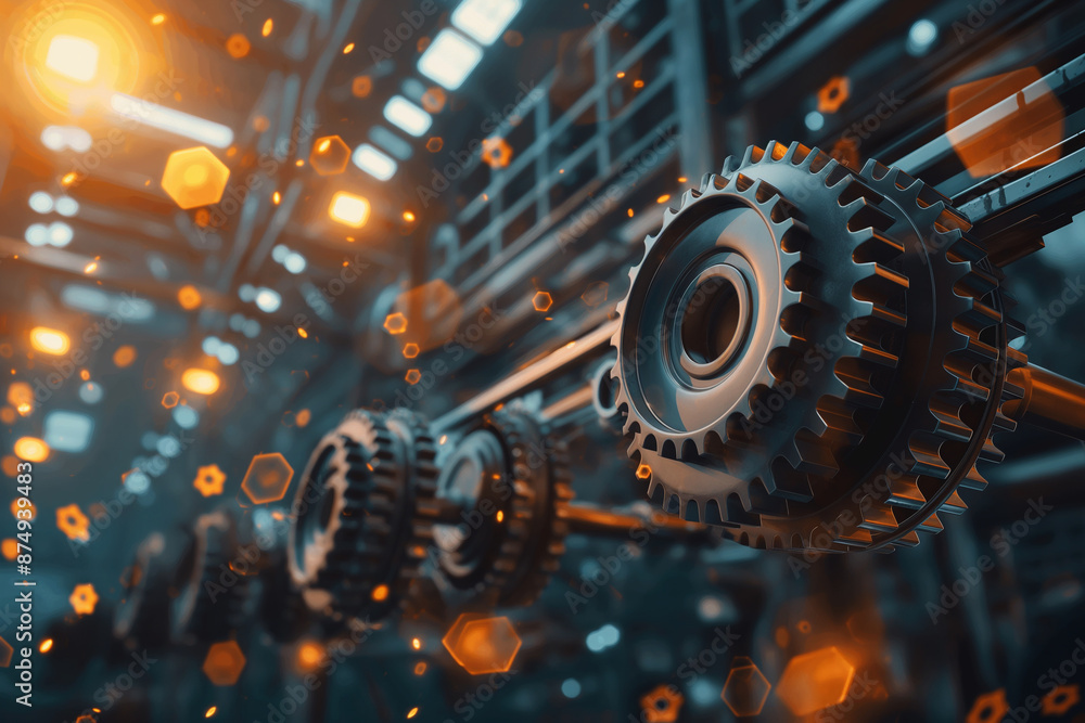 Poster 3d rendering of metal gears rotating industrial factory floor. part of the internal structure of aut