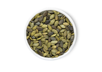 Bowl with healthy green pumpkin seeds isolated on white background.Top view.