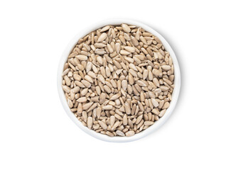 Bowl with healthy white sunflower seeds isolated on white background.Top view.