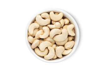 Bowl with organic white cashew nuts isolated on white background.Top view.