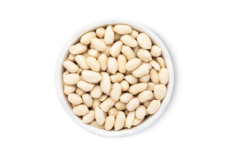 Bowl plate with healthy white shelless peanuts nuts isolated on white background.Top view.