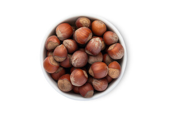 Ceramic bowl with healthy hazelnut nuts with shell isolated on white background.Top view.
