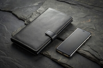 Sleek smartphone on dark rock surface, paired with matching black wallet attachment, creating a modern, minimalist composition in shades of elegant black-on-black design.