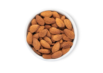 Bowl plate with healthy organic almond nuts isolated on white background.Top view.