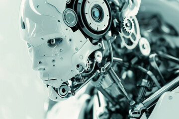 Fototapeta premium Closeup. Futuristic humanoid or cyborg driven by gears. 3d rendering illustration.