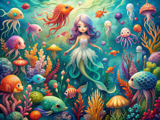 Vibrant vector watercolor illustrations of fantastical sea creatures, including mermaids, fish, octopuses, and jellyfish, in a colorful underwater scene with seaweed and coral.