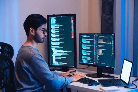 Indian software development working on coding  computer screen and flowchart at night in modern office