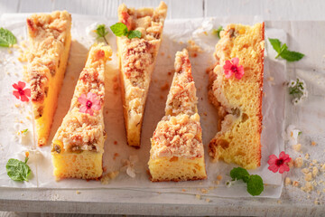 Tasty gooseberry butter cake served with milk in bottle.