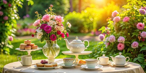 Invitation to a elegant tea party in a garden setting , Tea, party, invitation, elegant, garden, floral, teacups, celebration