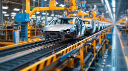 Fototapeta premium 3D rendering of a car body factory Automatic production conveyor belt for the production of green energy electric vehicles, advanced technology, welding, industrial production.