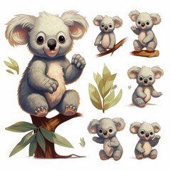 A Set of Colorful Cartoon Koala Bear in Various Poses. The Koala Bears are all Smiling and Have Big, Round Eyes. They are Perfect for use in Childrens Books, Games, or as Website Mascots.