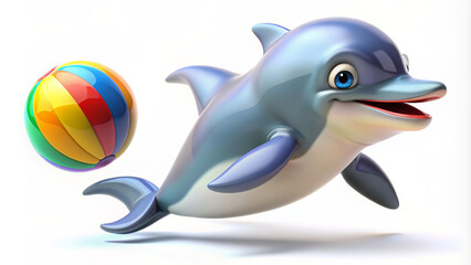 Obraz premium Adorable dolphin cartoon character joyfully plays with a colorful ball against a clean white background, showcasing its carefree and playful personality.