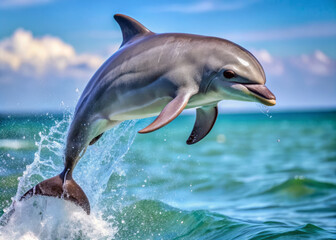 Fototapeta premium Adorable baby dolphin suspended mid-air, its sleek gray body arched in a joyful leap, its dorsal fin and tail fluke shining with youthful exuberance.