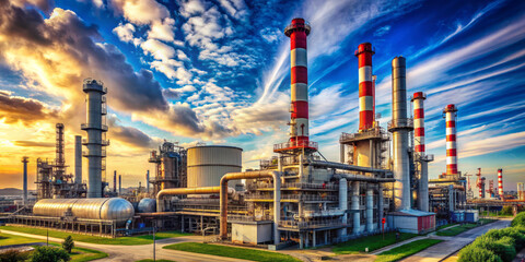 Majestic industrial landscape featuring a massive plant with towering chimneys and piping systems set against a vibrant blue sky with few white clouds.