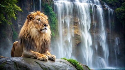 Lion sitting majestically by a serene waterfall, lion, water, powerful, nature, majestic, wild, jungle, wildlife