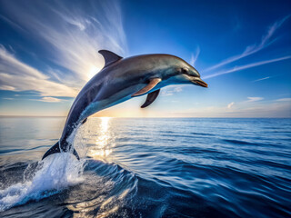 Fototapeta premium A solitary dolphin majestically breaks the surface, its sleek body arcing through the air, set against a serene ocean backdrop with endless blue horizon.