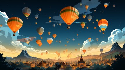 Obraz premium Fantasy Illustration of the Ascent of the Hot Air Balloon Above the Sky of a Beautiful Environment 