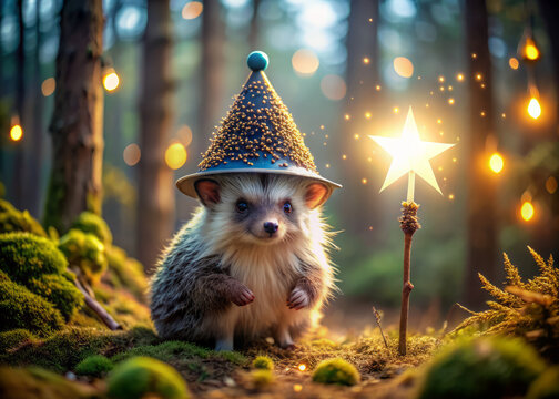 Adorable hedgehog with soft quills dons a whimsical wizard hat adorned with stars and moons, grasping a tiny wand, amidst an enchanted forest backdrop.