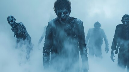 Terrifying zombies emerge from the fog, creating a chilling and eerie atmosphere reminiscent of a horror film.