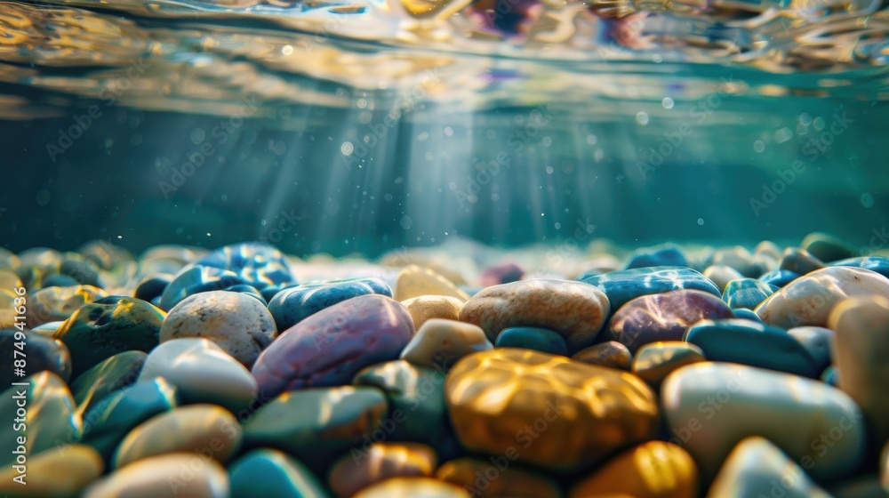 Poster underwater view of colorful pebbles on a riverbed, illuminated by sunlight streaming through the wat