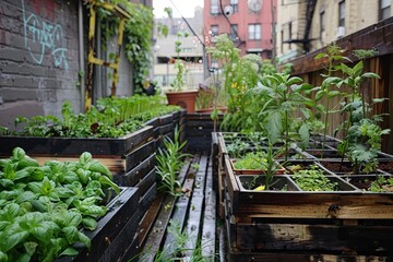 NYC rooftop garden with raised beds showcases plants and innovative growing techniques. Generative AI