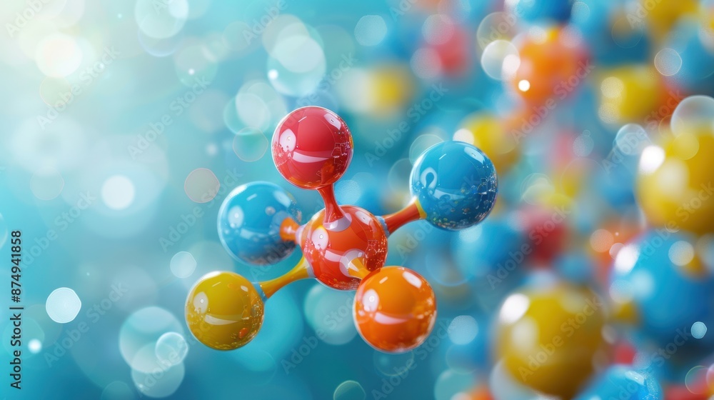 Poster vibrant and colorful molecular structures floating against an abstract background, representing scie
