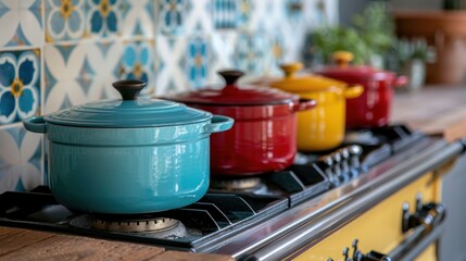 A collection of colorful Dutch ovens sitting on a stove, creating a vibrant and inviting kitchen scene.