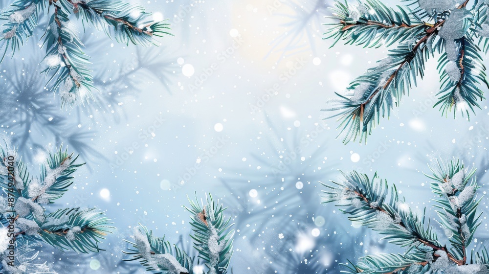 Poster snow-covered pine branches with soft snowfall, creating a serene and festive winter scene in a blue-