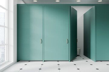 Green public bathroom interior toilet cubicles and opened door, panoramic window