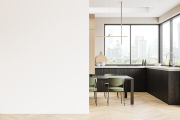 Wooden home kitchen interior with eating table, cabinet and window. Mockup wall