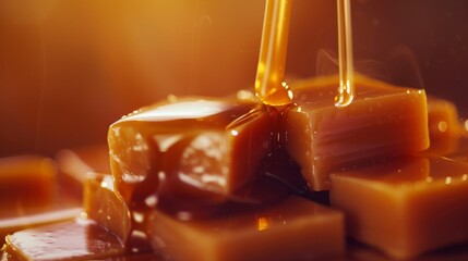 Close-up of Rich Glossy Caramel Cubes Neatly Stacked with a Smooth Syrup Drizzling Over Them