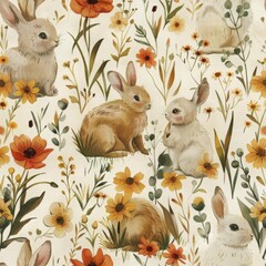a seamless pattern with cute bunnies and painterly flowers