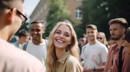 Obraz premium New University Students Socializing During Orientation Day
