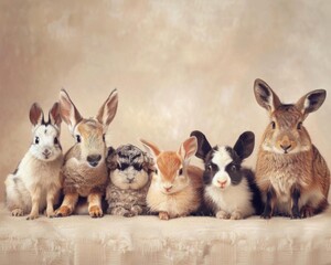 A group of rabbits of different breeds are sitting in a row on a beige background. The rabbits are all looking at the camera.