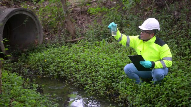An ecologist in a green jacket sit aside of the pond looking at a liquid in a plastic glass in his hand try to examination the quality of the water. and write down the result on a clipboard