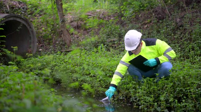 An ecologist in a green jacket sitting aside water try to scoop the water in a plastic glass  to examination the quality of the water.