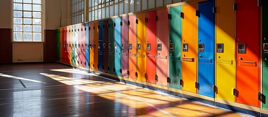 Colorful lockers in empty gymnasium, sunlight streaming through windows, first day of class atmosphere.