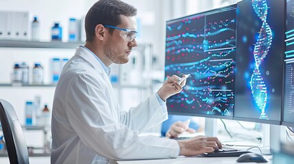 Bioinformatics research lab with scientists analyzing genomic data