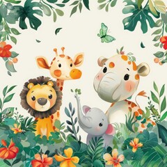 Naklejka premium A digital painting of a group of cute animals in a jungle setting