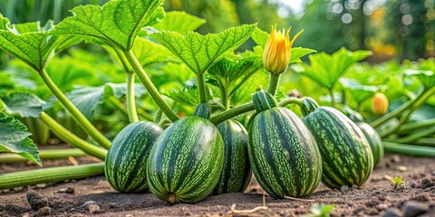 Green squash plants growing in a vibrant garden , vegetable, quilling, garden, green, squash, plant, growing, organic, fresh